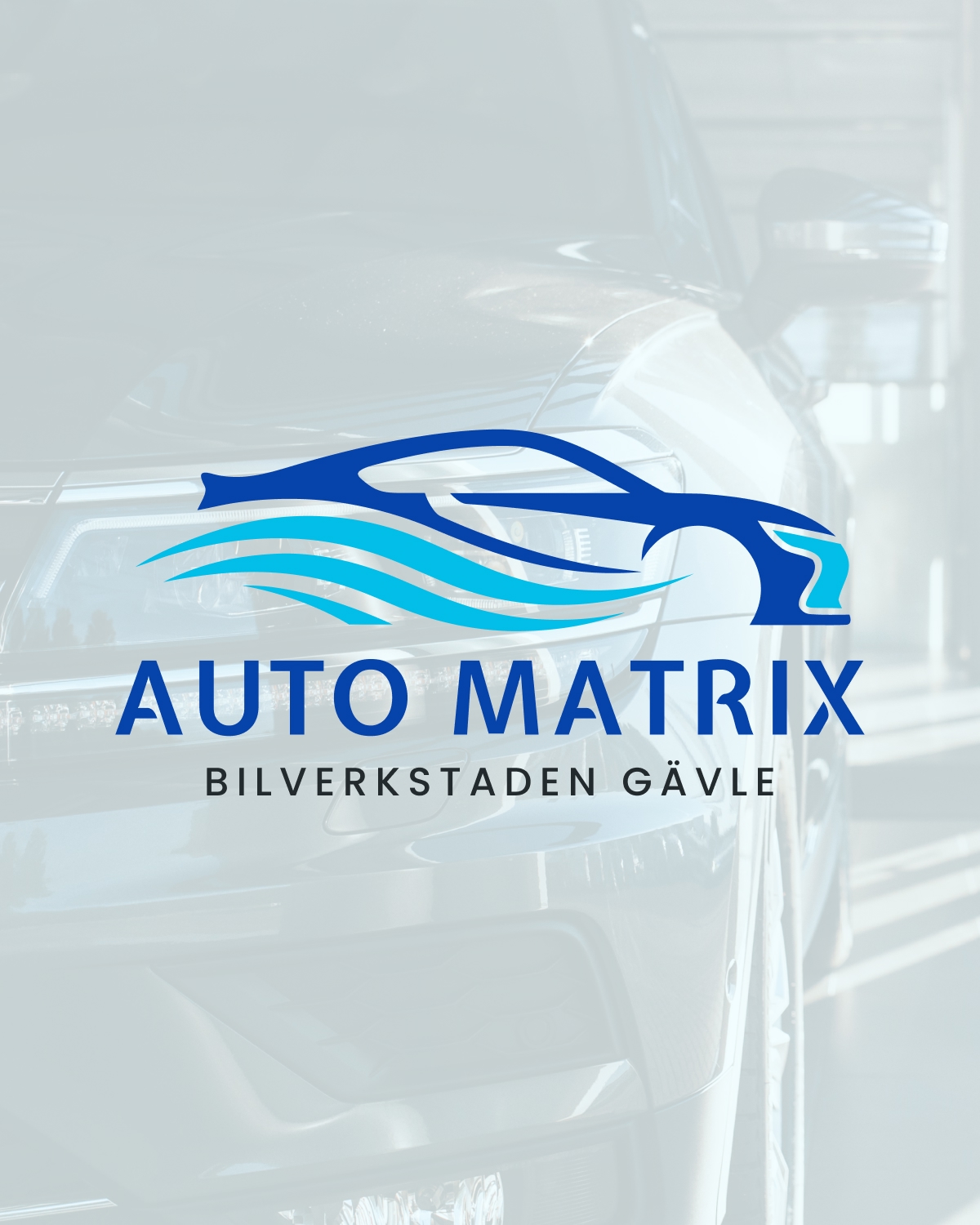 Auto Matrix Bilverkstaden Gävle – logotyp mot bil i verkstaden
